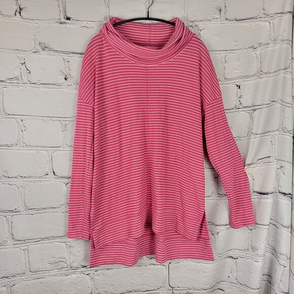 LIZ CLAIBORNE Weekend Womens L Pink Striped Cowl Neck Hi‎ Low Sweater Top - Picture 1 of 6